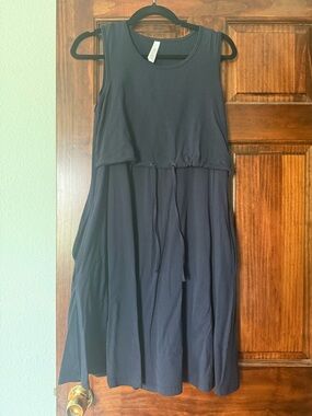 Sleeveless Navy Maternity/Nursing Dress with Drawstring Waist